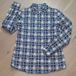 EUC J McLaughlin Button Down Shirt Women's sz S Navy/Gold Geo Long Sleeve Blouse